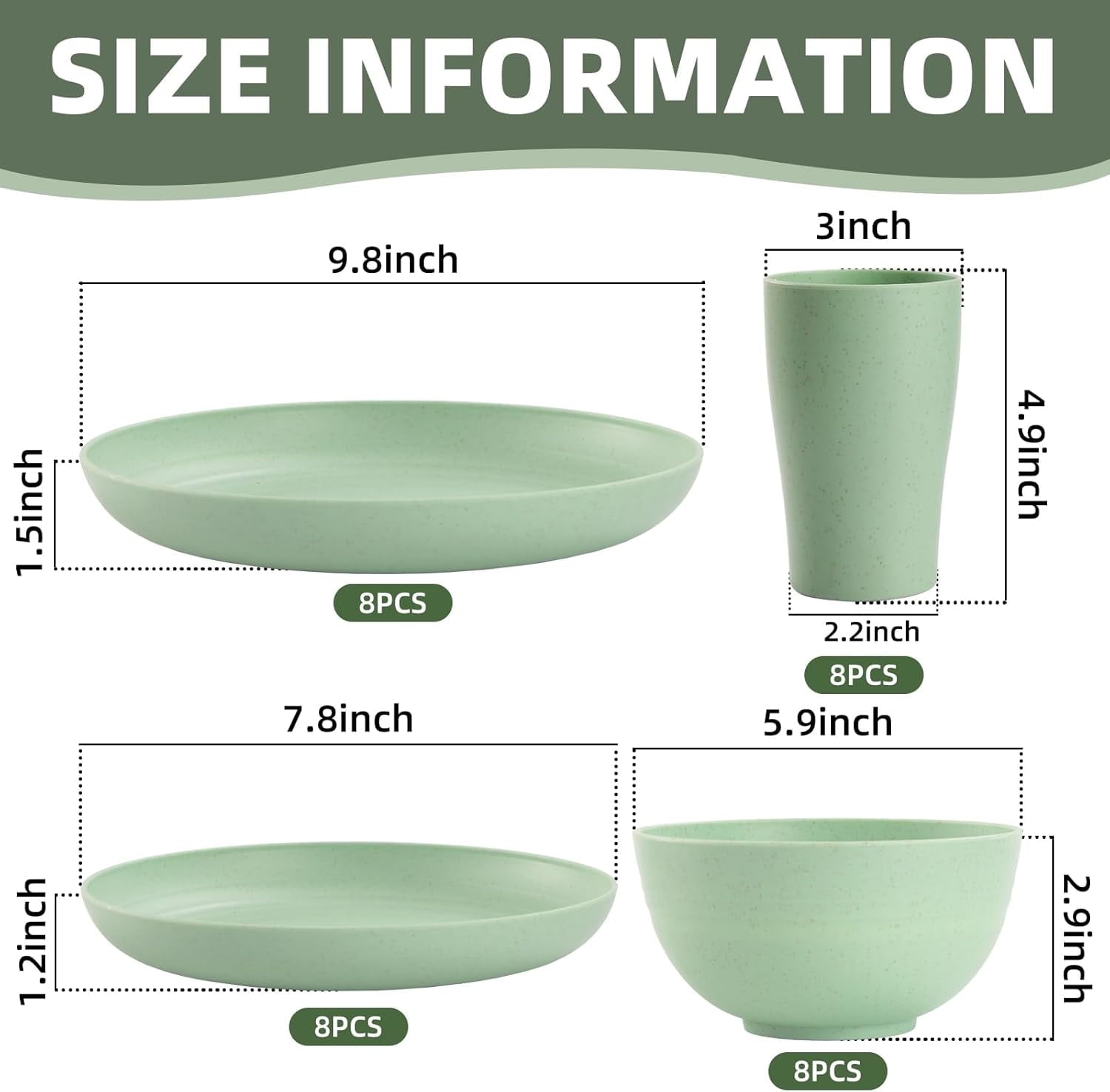 Camping Plates Cups and Bowls Set Green Reusable Microwave Safe Lightweight Unbreakable Plastic Dishes Set for Kids Elderly Kitchen Adults Outdoor,32 Pcs Holiday Dinnerware Sets for 8
