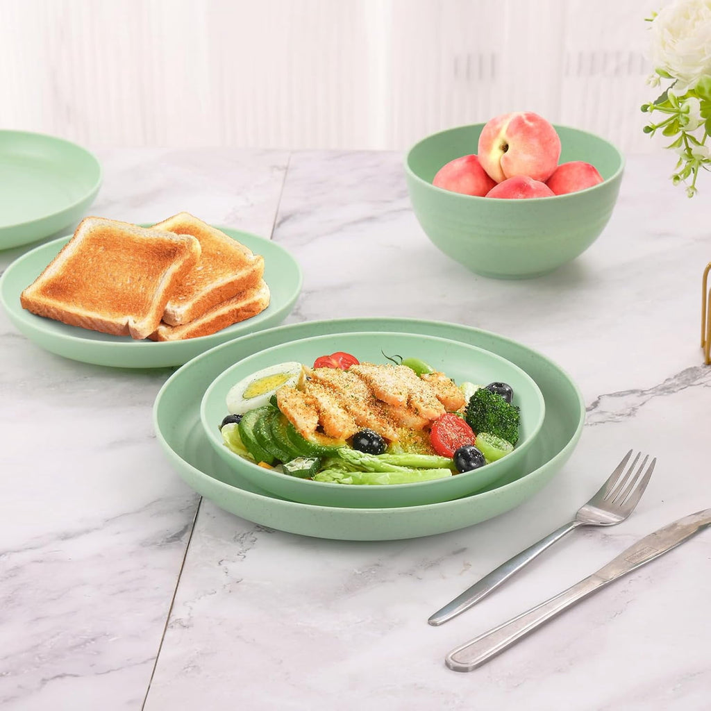 Camping Plates Cups and Bowls Set Green Reusable Microwave Safe Lightweight Unbreakable Plastic Dishes Set for Kids Elderly Kitchen Adults Outdoor,32 Pcs Holiday Dinnerware Sets for 8