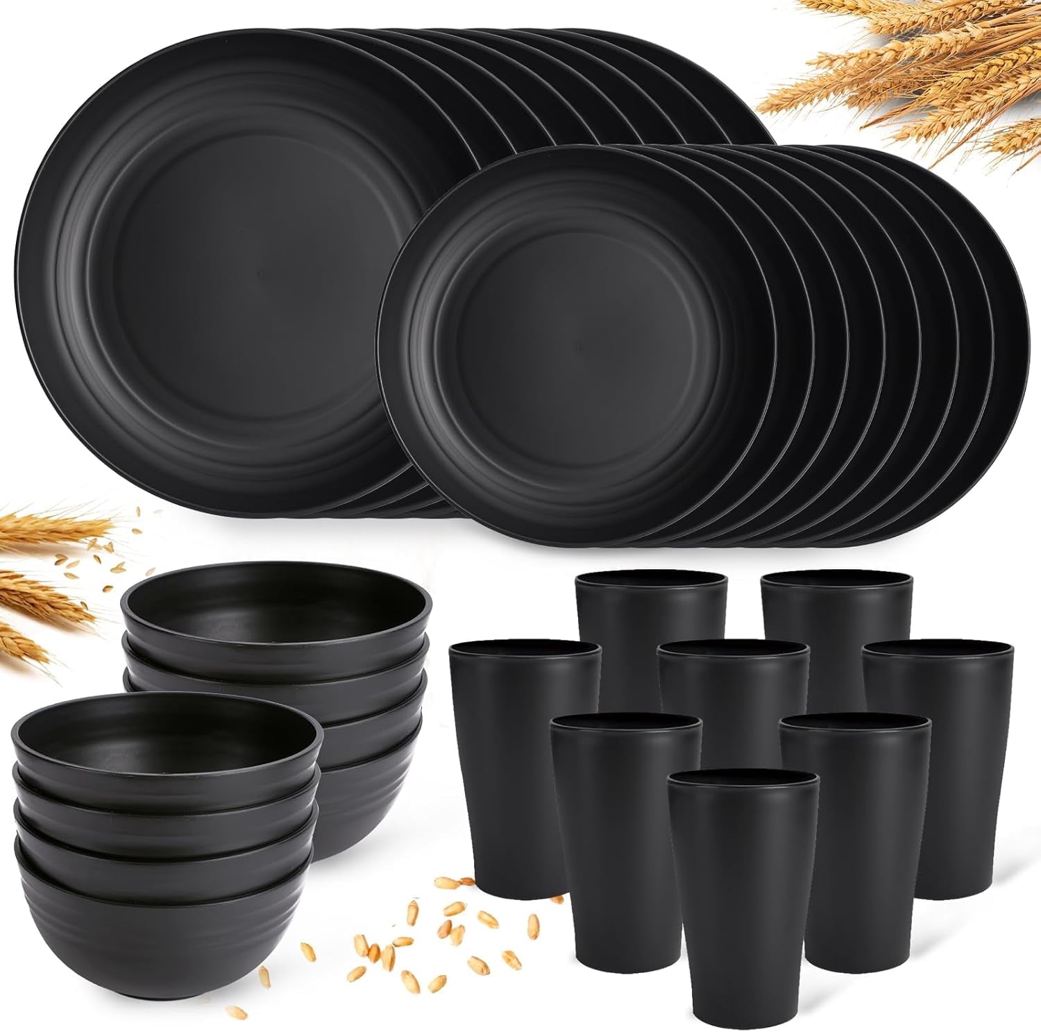 Camping Plates Cups and Bowls Set Green Reusable Microwave Safe Lightweight Unbreakable Plastic Dishes Set for Kids Elderly Kitchen Adults Outdoor,32 Pcs Holiday Dinnerware Sets for 8