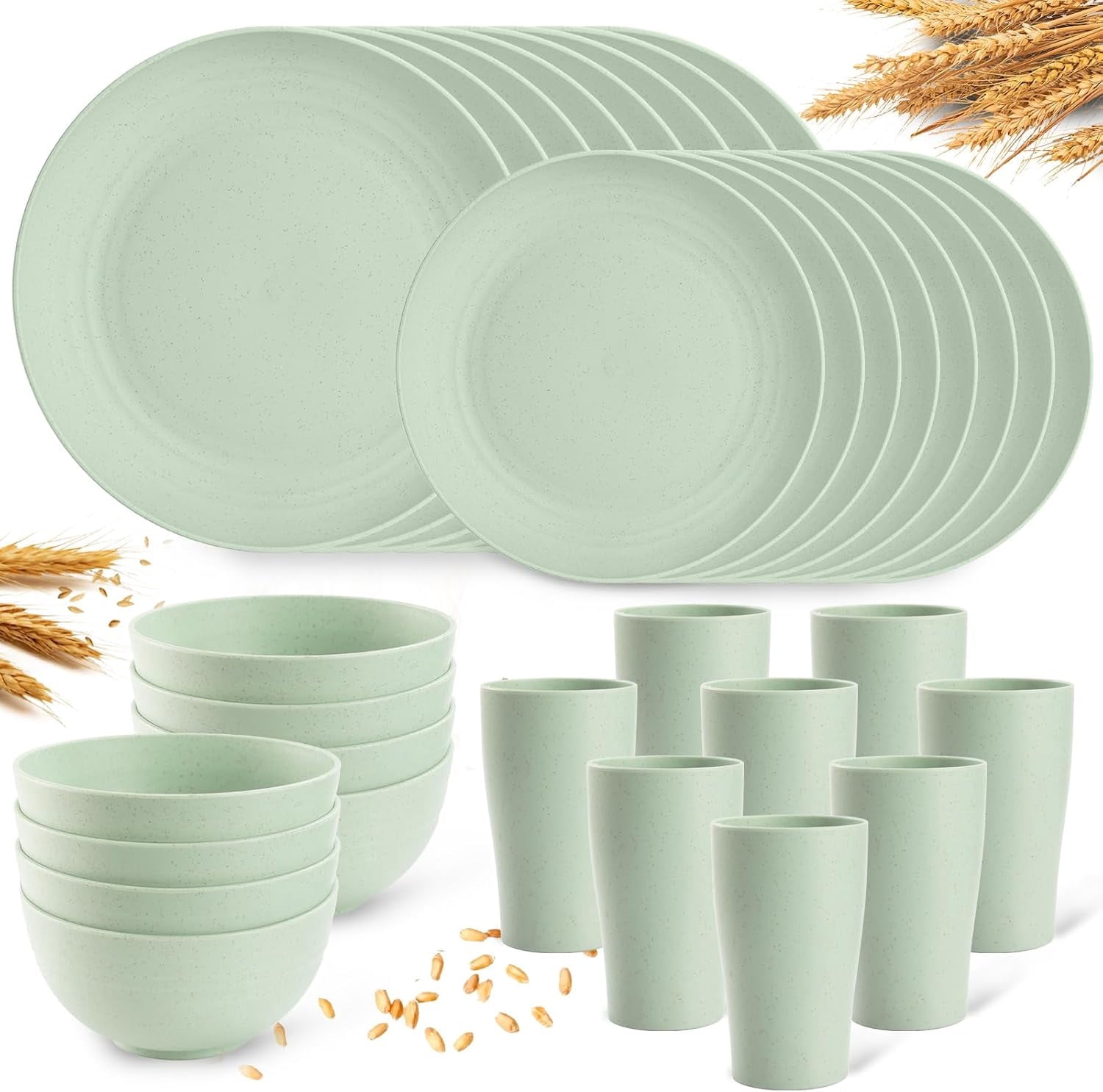 Camping Plates Cups and Bowls Set Green Reusable Microwave Safe Lightweight Unbreakable Plastic Dishes Set for Kids Elderly Kitchen Adults Outdoor,32 Pcs Holiday Dinnerware Sets for 8