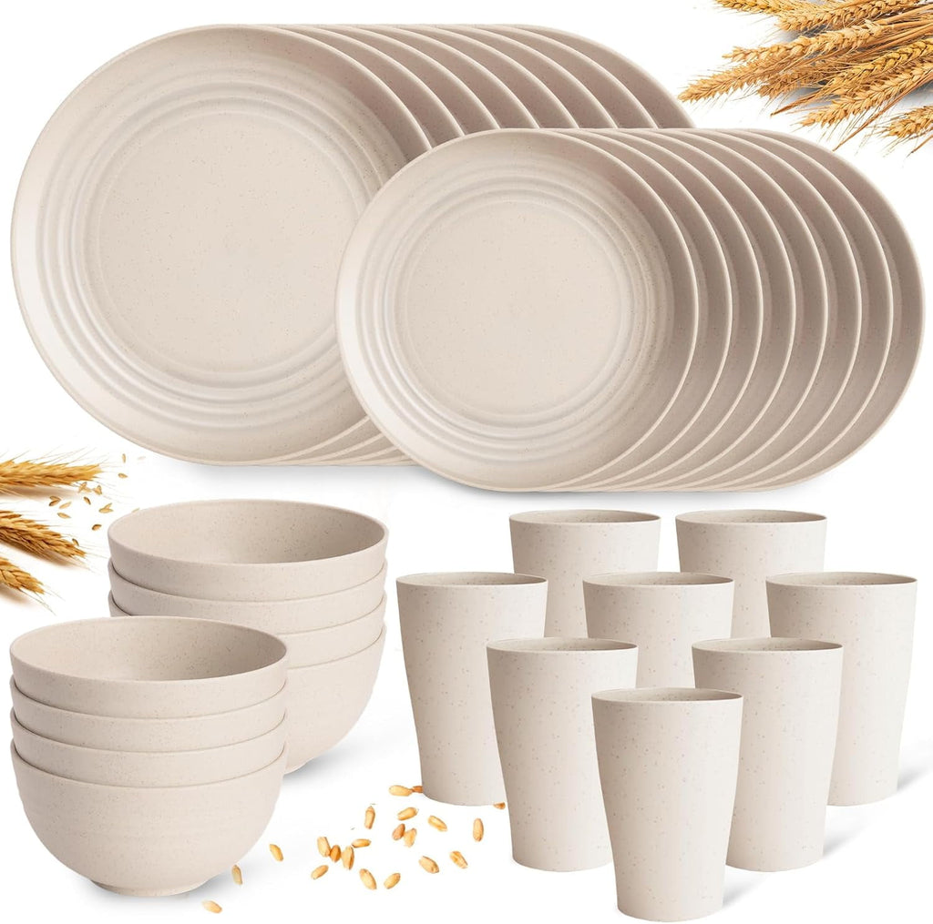 Camping Plates Cups and Bowls Set Green Reusable Microwave Safe Lightweight Unbreakable Plastic Dishes Set for Kids Elderly Kitchen Adults Outdoor,32 Pcs Holiday Dinnerware Sets for 8