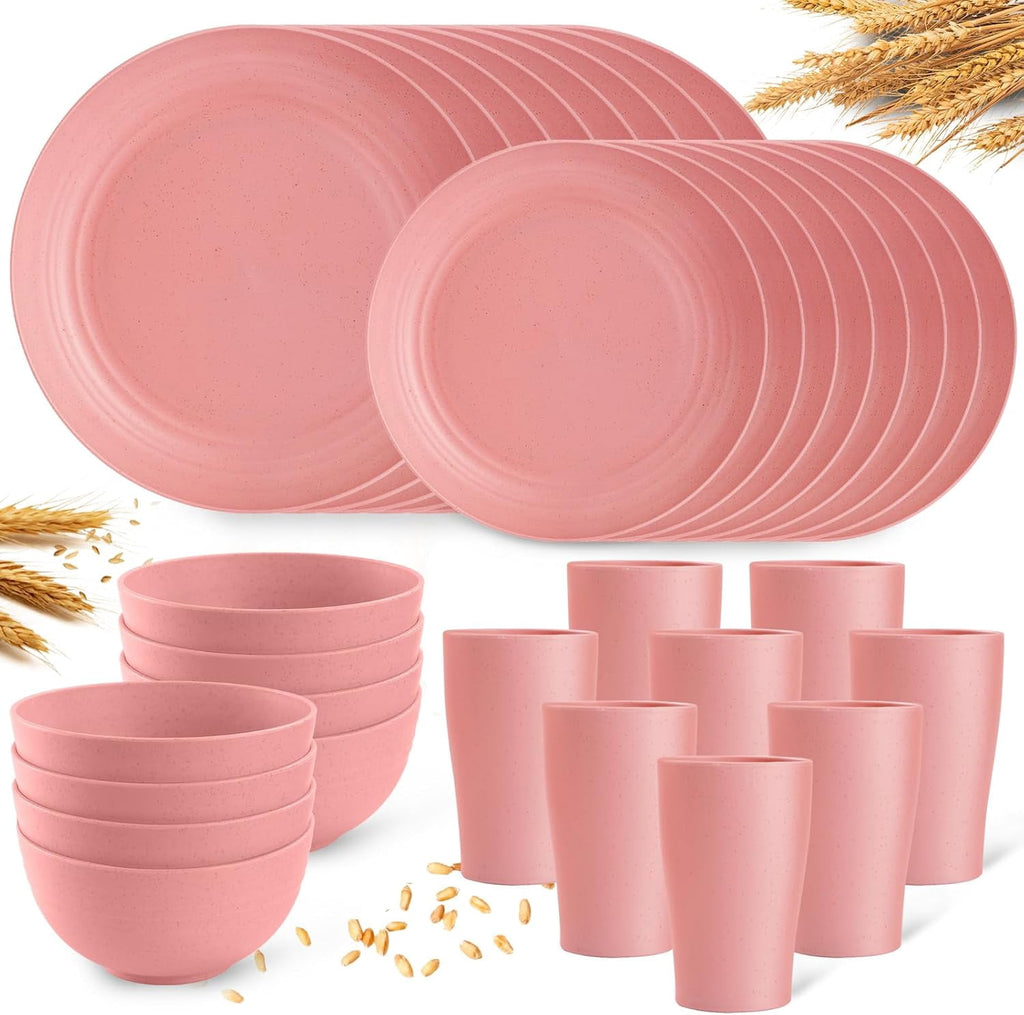 Camping Plates Cups and Bowls Set Green Reusable Microwave Safe Lightweight Unbreakable Plastic Dishes Set for Kids Elderly Kitchen Adults Outdoor,32 Pcs Holiday Dinnerware Sets for 8
