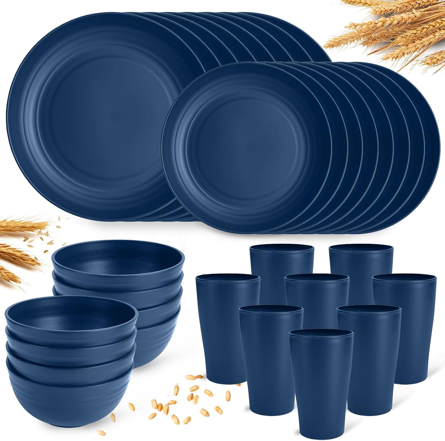 Camping Plates Cups and Bowls Set Green Reusable Microwave Safe Lightweight Unbreakable Plastic Dishes Set for Kids Elderly Kitchen Adults Outdoor,32 Pcs Holiday Dinnerware Sets for 8
