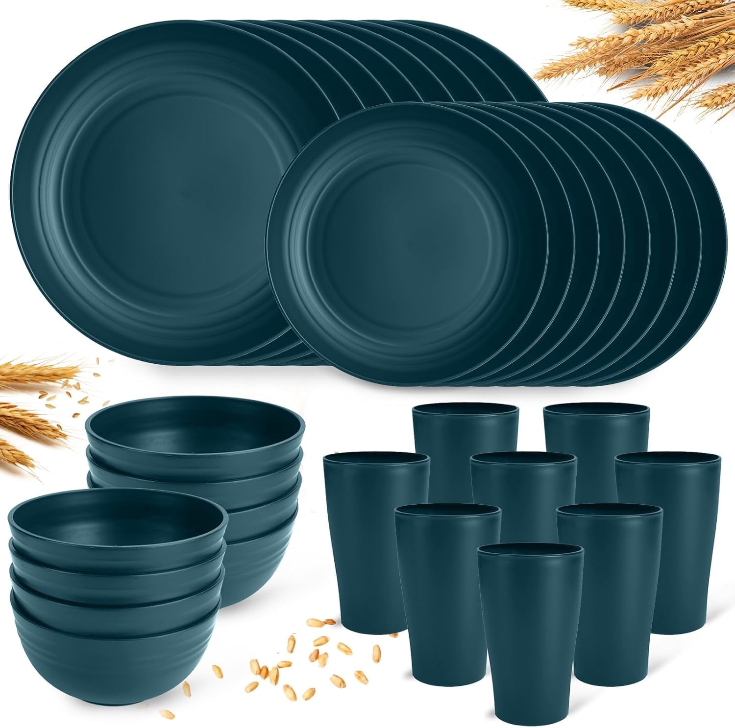 Camping Plates Cups and Bowls Set Green Reusable Microwave Safe Lightweight Unbreakable Plastic Dishes Set for Kids Elderly Kitchen Adults Outdoor,32 Pcs Holiday Dinnerware Sets for 8