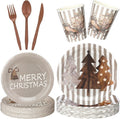 150 Pcs Christmas Disposable Paper Dinnerware Set for 25 Guests Christmas Party Decorations Supplies, Includes 7 Inch 9 Inch Dinner Plates Cups Knives Forks Spoons for Holiday(Brown Series)