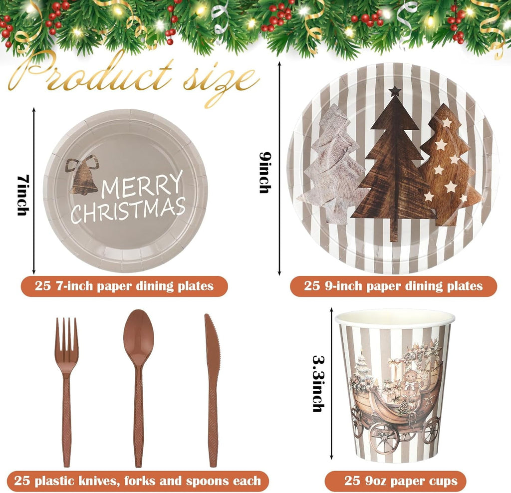 150 Pcs Christmas Disposable Paper Dinnerware Set for 25 Guests Christmas Party Decorations Supplies, Includes 7 Inch 9 Inch Dinner Plates Cups Knives Forks Spoons for Holiday(Brown Series)