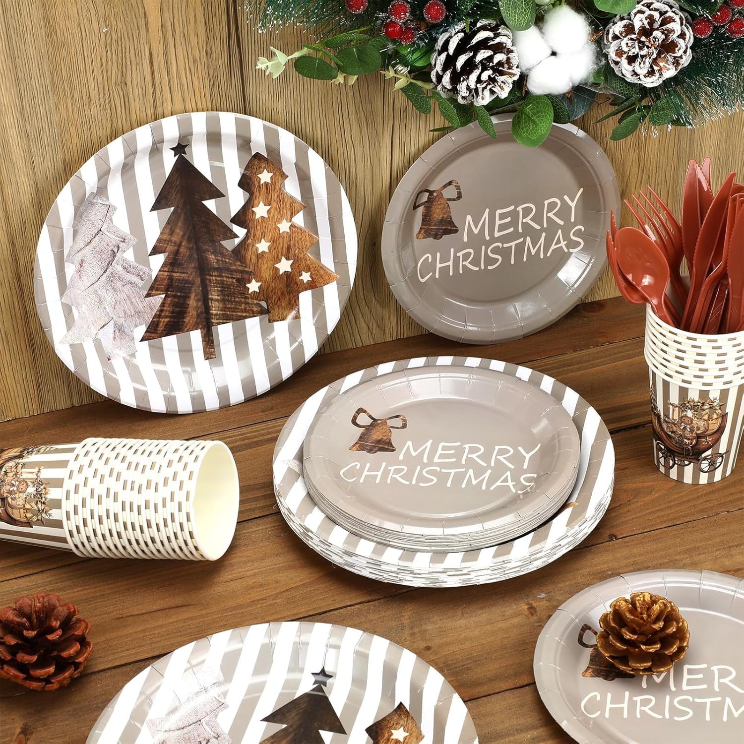 150 Pcs Christmas Disposable Paper Dinnerware Set for 25 Guests Christmas Party Decorations Supplies, Includes 7 Inch 9 Inch Dinner Plates Cups Knives Forks Spoons for Holiday(Brown Series)