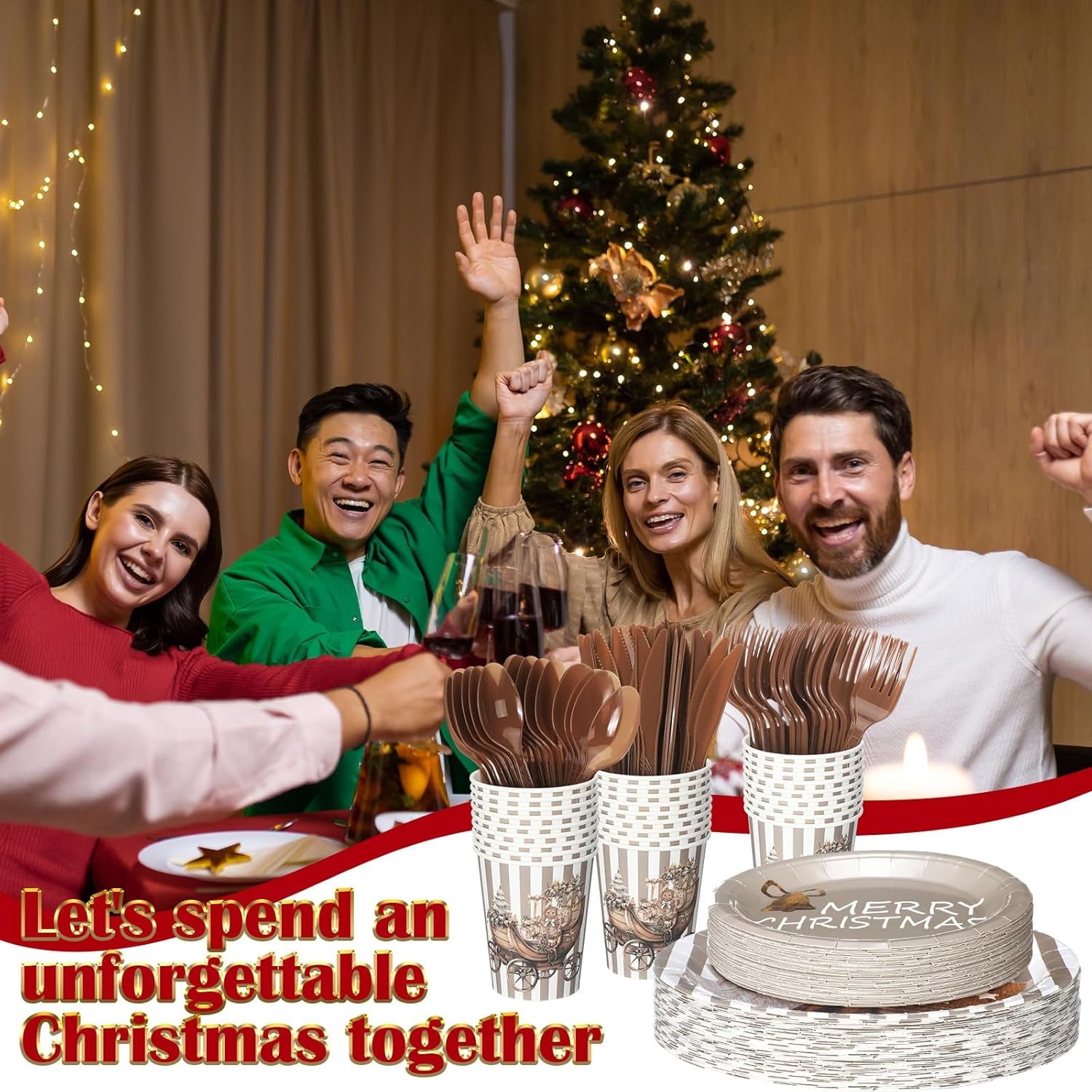 150 Pcs Christmas Disposable Paper Dinnerware Set for 25 Guests Christmas Party Decorations Supplies, Includes 7 Inch 9 Inch Dinner Plates Cups Knives Forks Spoons for Holiday(Brown Series)