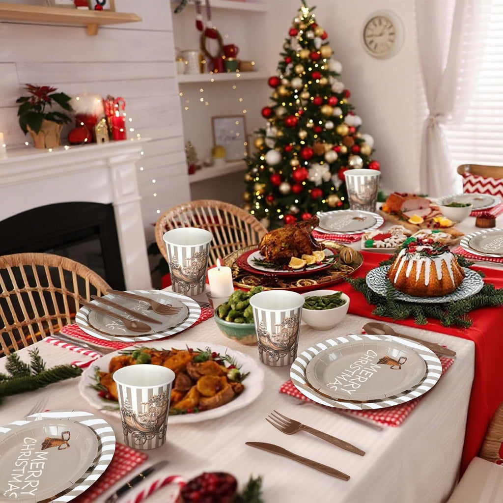 150 Pcs Christmas Disposable Paper Dinnerware Set for 25 Guests Christmas Party Decorations Supplies, Includes 7 Inch 9 Inch Dinner Plates Cups Knives Forks Spoons for Holiday(Brown Series)