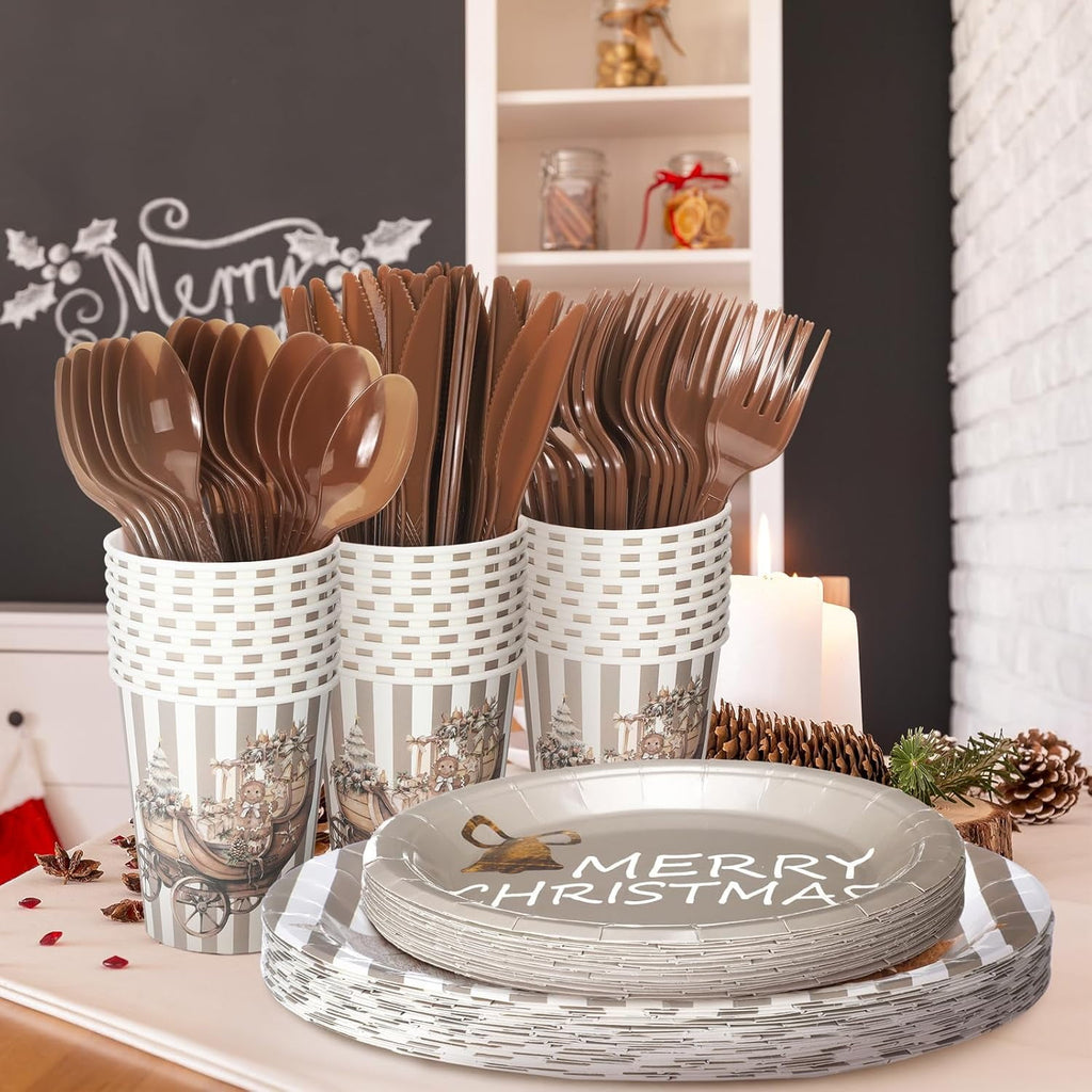 150 Pcs Christmas Disposable Paper Dinnerware Set for 25 Guests Christmas Party Decorations Supplies, Includes 7 Inch 9 Inch Dinner Plates Cups Knives Forks Spoons for Holiday(Brown Series)