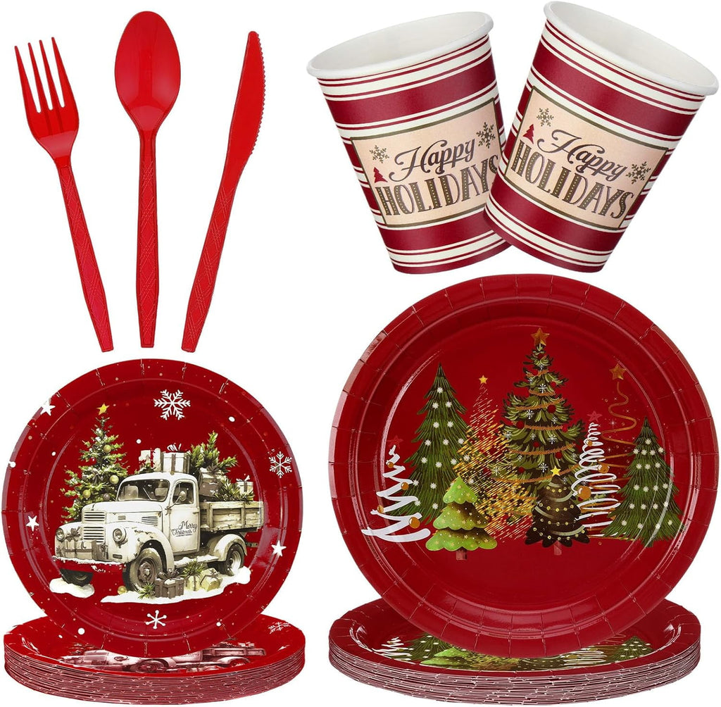 150 Pcs Christmas Disposable Paper Dinnerware Set for 25 Guests Christmas Party Decorations Supplies, Includes 7 Inch 9 Inch Dinner Plates Cups Knives Forks Spoons for Holiday(Brown Series)