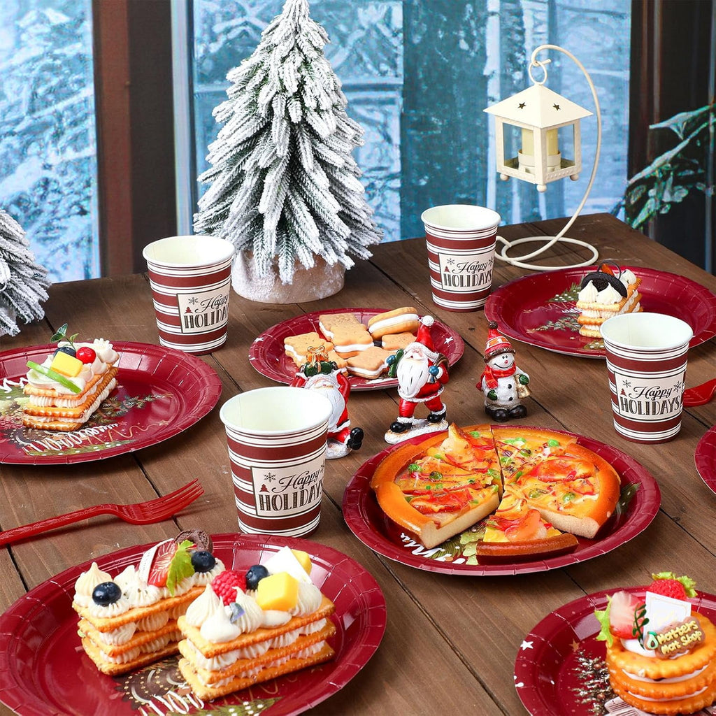 150 Pcs Christmas Disposable Paper Dinnerware Set for 25 Guests Christmas Party Decorations Supplies, Includes 7 Inch 9 Inch Dinner Plates Cups Knives Forks Spoons for Holiday(Brown Series)