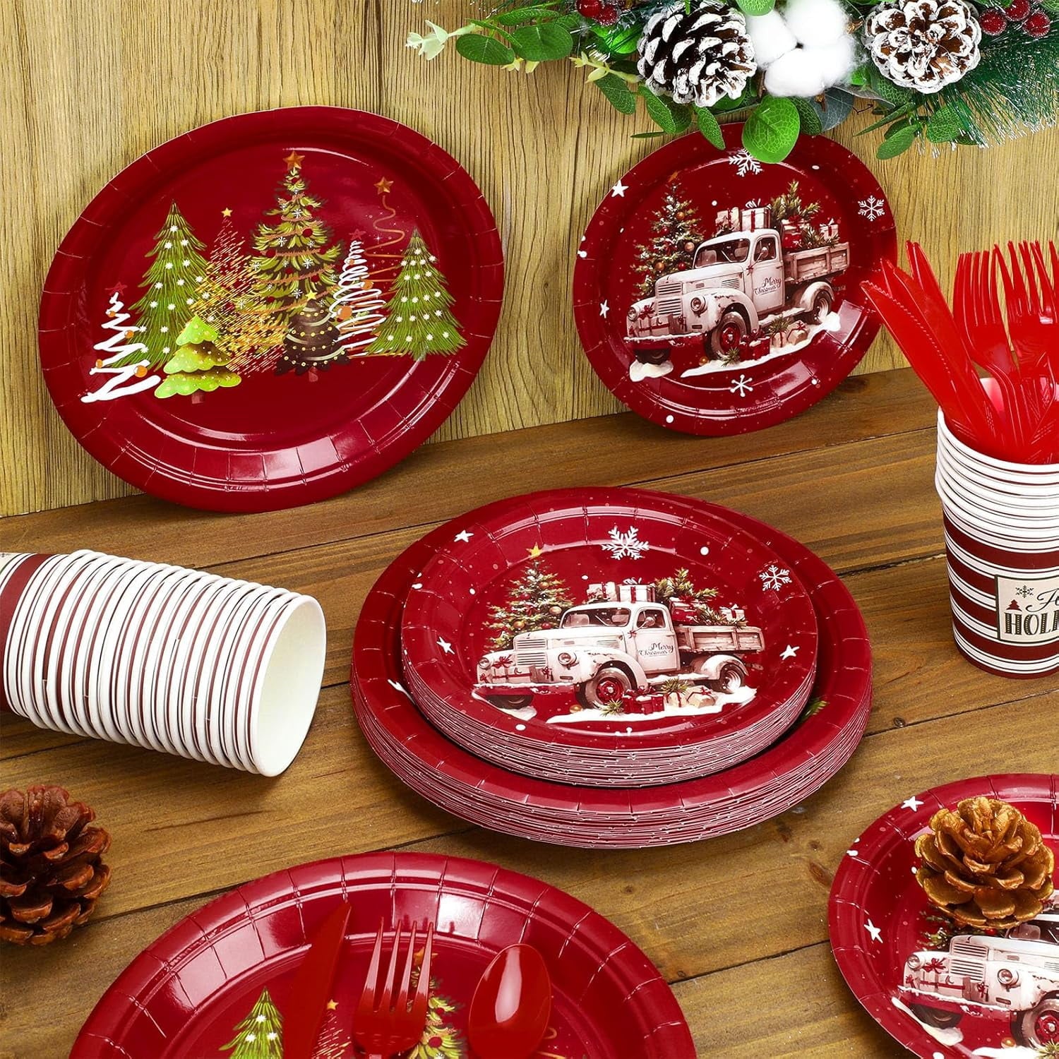 150 Pcs Christmas Disposable Paper Dinnerware Set for 25 Guests Christmas Party Decorations Supplies, Includes 7 Inch 9 Inch Dinner Plates Cups Knives Forks Spoons for Holiday(Brown Series)