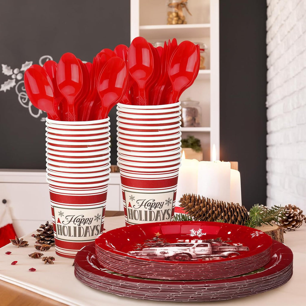 150 Pcs Christmas Disposable Paper Dinnerware Set for 25 Guests Christmas Party Decorations Supplies, Includes 7 Inch 9 Inch Dinner Plates Cups Knives Forks Spoons for Holiday(Brown Series)