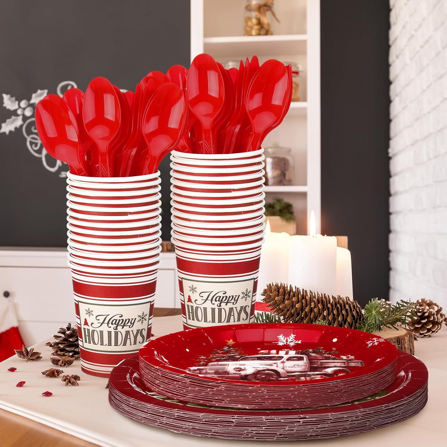 150 Pcs Christmas Disposable Paper Dinnerware Set for 25 Guests Christmas Party Decorations Supplies, Includes 7 Inch 9 Inch Dinner Plates Cups Knives Forks Spoons for Holiday(Brown Series)