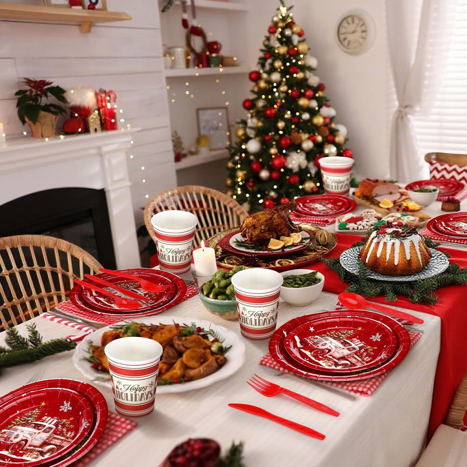 150 Pcs Christmas Disposable Paper Dinnerware Set for 25 Guests Christmas Party Decorations Supplies, Includes 7 Inch 9 Inch Dinner Plates Cups Knives Forks Spoons for Holiday(Brown Series)