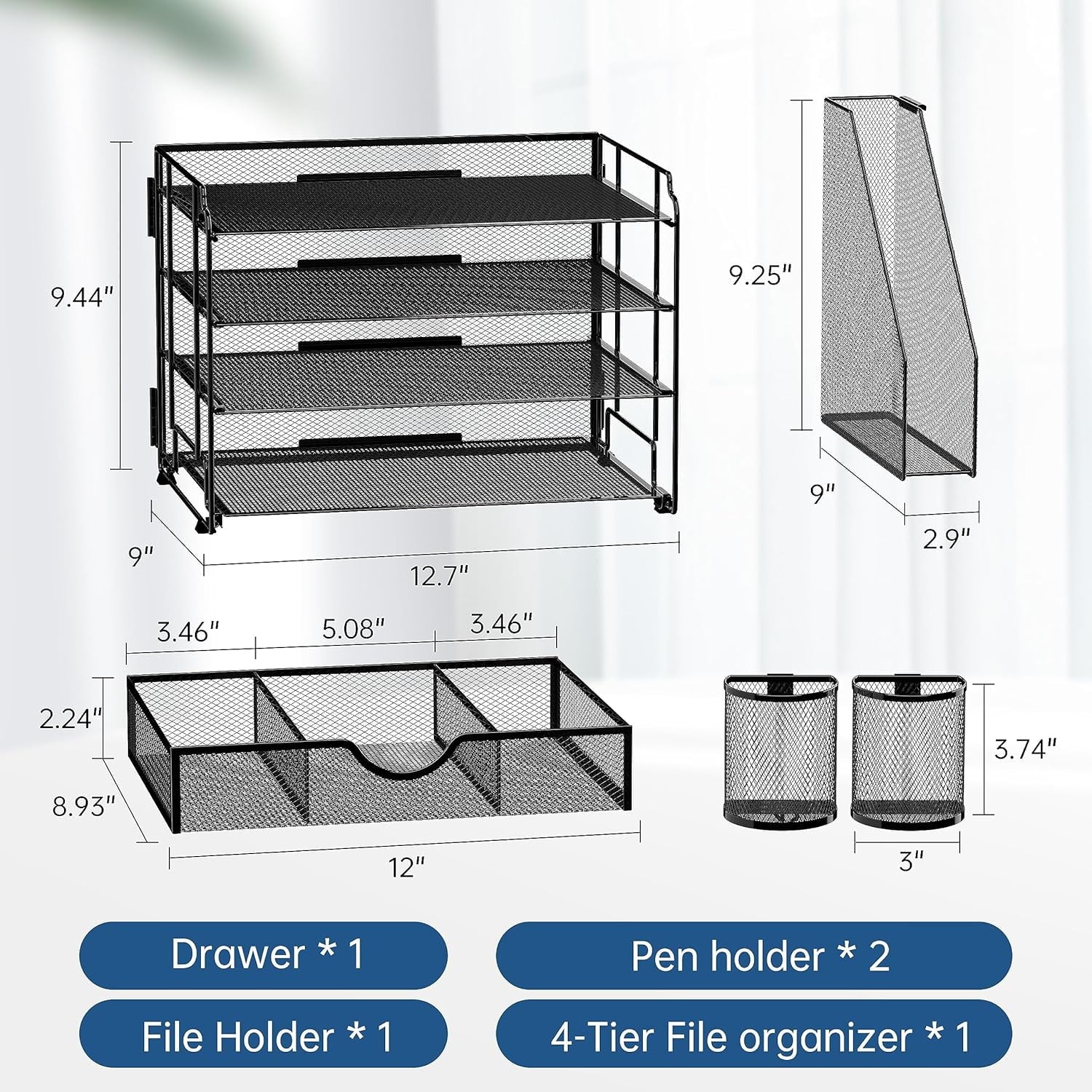 4-Tier Metal Desk Organizer with File Holder, 1 Drawer, 2 Pen Holders, Paper Organizer, Black