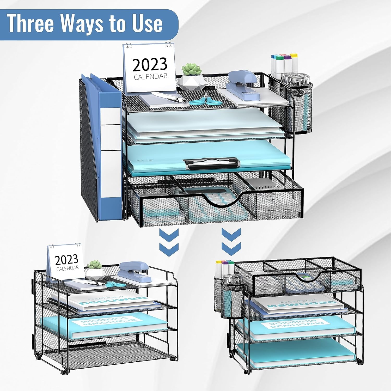 4-Tier Metal Desk Organizer with File Holder, 1 Drawer, 2 Pen Holders, Paper Organizer, Black