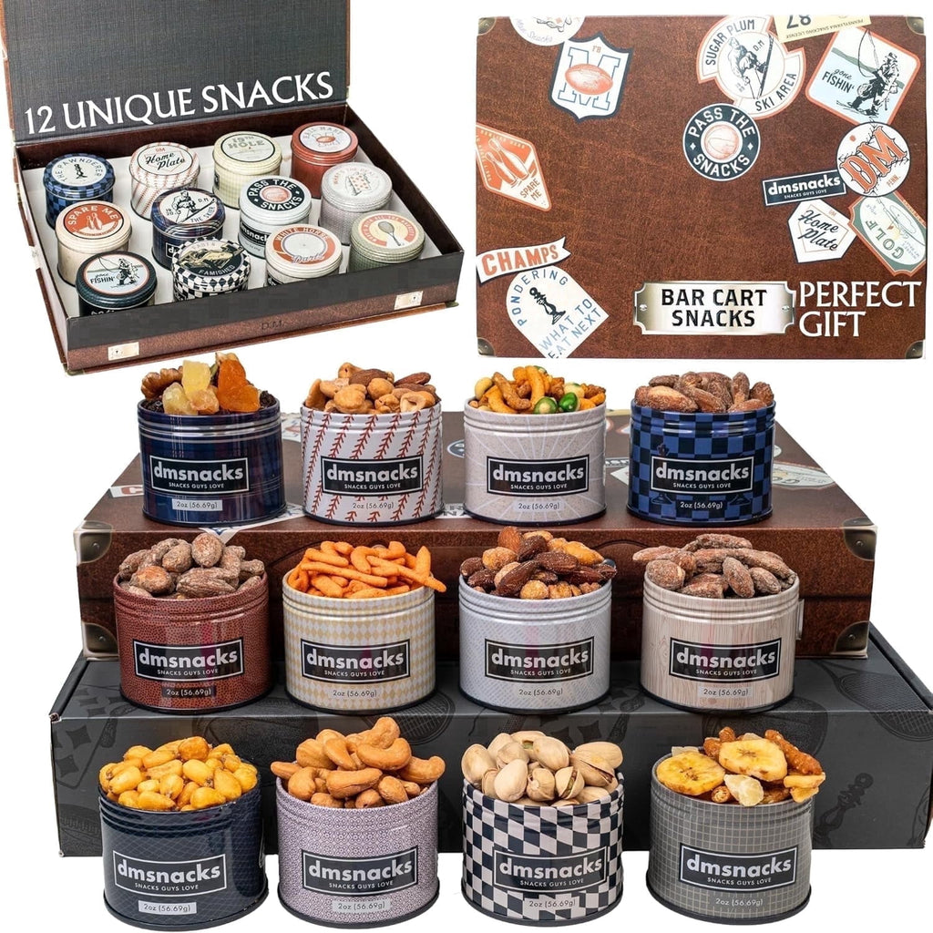 Snack Box Gift Basket Assorted Baked Nuts Variety Pack in Tins 12 Count 24 Oz Total