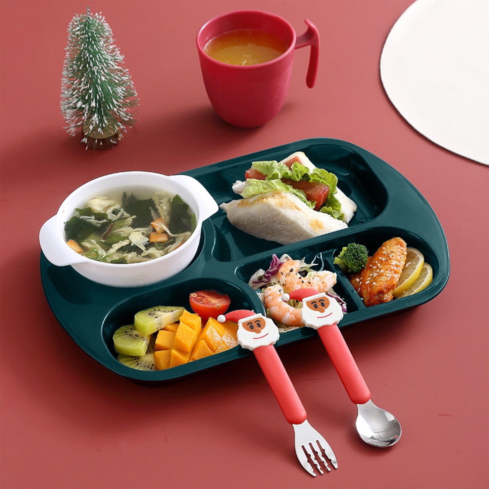Decor Plastic Dinner Dish Children's Christmas Dinner Dish Household Fall-proof Fast Food Dish Dinner Bowl Water Cup Spoon Fork Five Sets Christmas Products