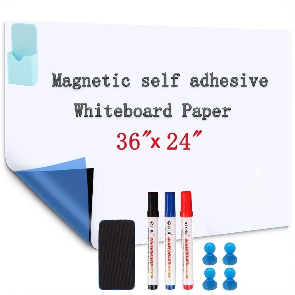Magnetic Dry Erase Whiteboard Paper with Adhesive, 24" x 36" White Board Film for Wall, Easy to Write and Clean Dry Erase Board for Office, Classroom, Home, Include Marker, Magnetic Eraser and Magnet