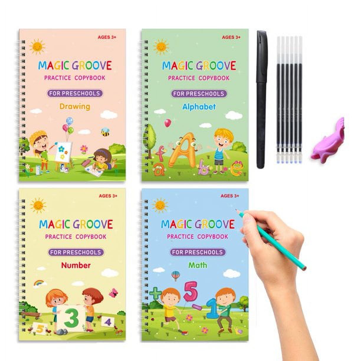 Magical Handwriting Workbooks Practice Copybook, Magic Calligraphy That Can Be Reused Handwriting Copybook Tracing Book (4books+Pens) by PAKASEPT